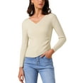 thumbnail image 1 of Women's V-Neck Knitted Sweaters Ruched Button Tops Slim Fit 2025 Long Sleeved T-Shirts M Beige, 1 of 6