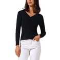 thumbnail image 1 of INSPIRE CHIC Women's V-Neck Knitted Sweaters Ruched Button 2025 Long Sleeve Cross Wrap Slim Fit Tops M Black, 1 of 6