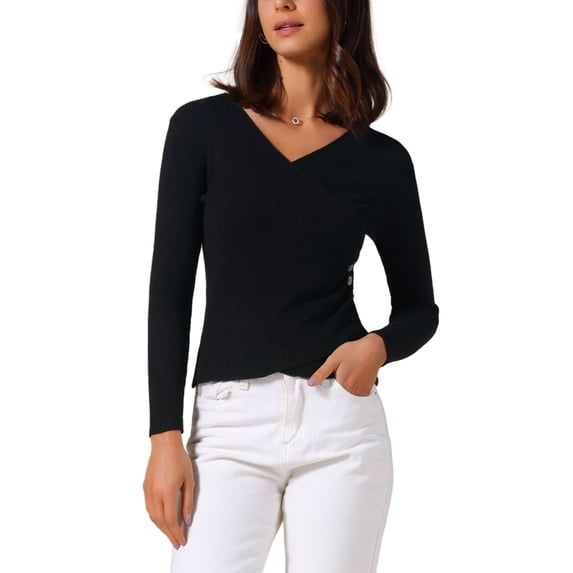 INSPIRE CHIC Women's V-Neck Knitted Sweaters Ruched Button 2025 Long Sleeve Cross Wrap Slim Fit Tops M Black