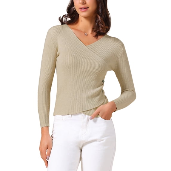 INSPIRE CHIC Women's V-Neck Knitted Sweaters Ruched Button 2025 Long Sleeve Cross Wrap Slim Fit Tops M Camel
