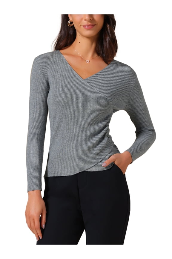 Women's V-Neck Knitted Sweaters Ruched Button Tops Slim Fit 2025 Long Sleeved T-Shirts S Gray