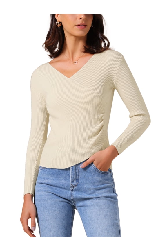 Women's V-Neck Knitted Sweaters Ruched Button Tops Slim Fit 2025 Long Sleeved T-Shirts XS Beige