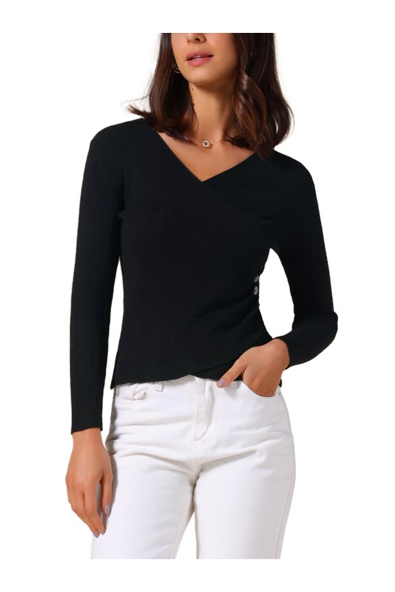 Women's V-Neck Knitted Sweaters Ruched Button Tops Slim Fit 2025 Long Sleeved T-Shirts XS Black