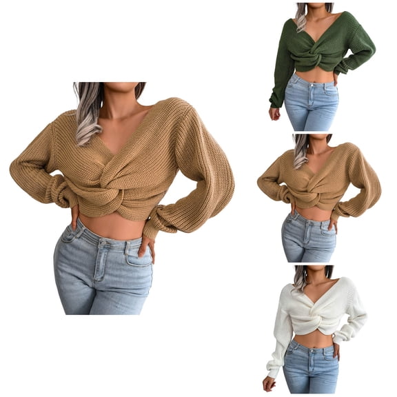 Women's V Neck Knot Back Pullover Sweater – Cropped Ribbed Knit Top with Twist Front, Long Sleeve Slim Fit Sexy Streetwear