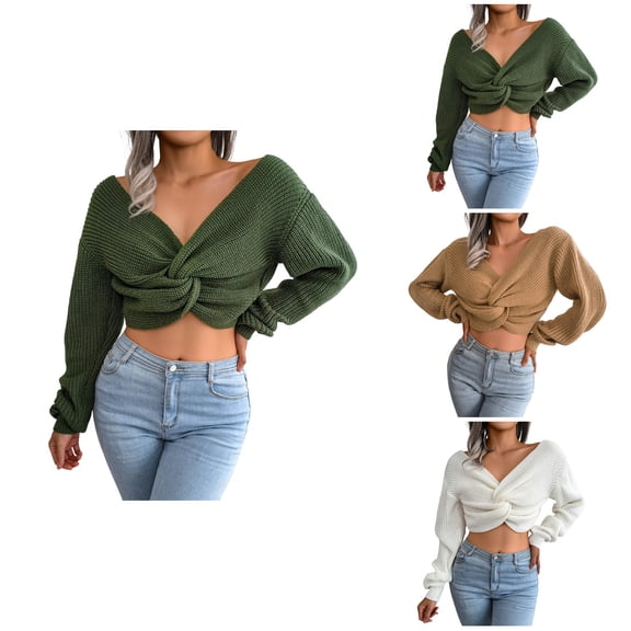 Women's V Neck Knot Back Pullover Sweater – Cropped Ribbed Knit Top with Twist Front, Long Sleeve Slim Fit Sexy Streetwear