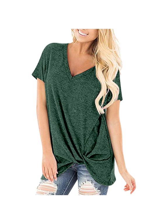 Women's V-Neck Knot Short Sleeve T-Shirt - Flattering Neckline, Stylish Front Detail, Breathable Fabric, Multiple Sizes/Colors