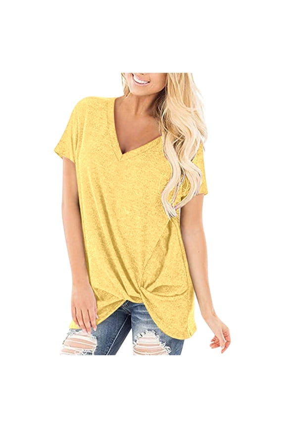 Women's V Neck Knot Short Sleeve T-Shirt - Stylish Front Knot Detail - Breathable Fabric - Casual Summer Wear - Multiple Sizes & Colors - US 4-14 Sizes