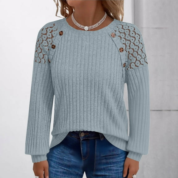 Women's V-Neck Lace Detail Long Sleeve Shirt Lightweight Sweater Top Soft Blend Fabric Casual Comfort Fit for Fall Fashion 2025 Blue L