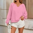 thumbnail image 1 of Women's V-Neck Lace Detail Sweatshirt, Soft Puffed Sleeve Pullover Top with Ribbed Trim, Cropped Casual Loose Fit Tops for Fall Fashion and Daily Comfort Wear Pink S, 1 of 5
