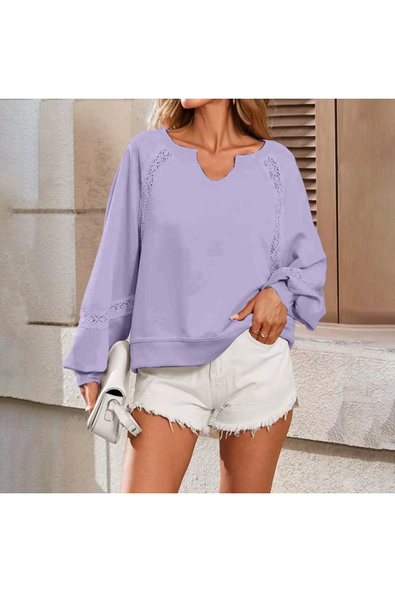 Women's V-Neck Lace Detail Sweatshirt, Soft Puffed Sleeve Pullover Top with Ribbed Trim, Cropped Casual Loose Fit Tops for Fall Fashion and Daily Comfort Wear Purple M