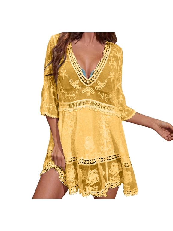 Women's V Neck Lace Mini Dress Summer Boho Sheer Beach Cover Up Ruffle Floral Embroidery Summer Vacation Wear Plus Size Bathing Suit Cover up Yellow One Size