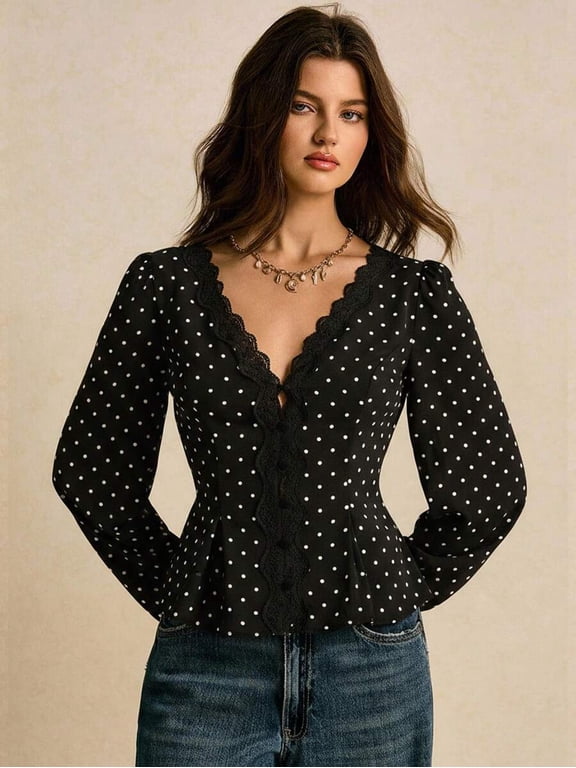 Women's V-Neck Lace Patchwork Blouse Long Sleeve Fitted Waist Peplum Top Elegant Shirt