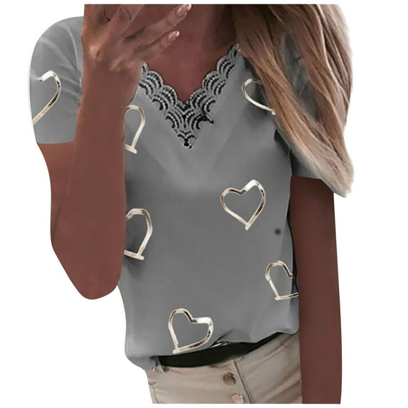 Women's V-Neck Lace Print Pullover T-Shirt Patchwork Blouse Short Sleeve Hearts Design Comfortable Casual Top
