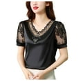 thumbnail image 1 of Women's V Neck Lace T-Shirt Summer Fashion Satin Feel Short Sleeve Net Yarn Top Stylish Undershirt for Layering, 1 of 4
