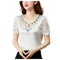 thumbnail image 1 of Women's V Neck Lace T-Shirt Summer Fashion Satin Feel Short Sleeve Net Yarn Top Stylish Undershirt for Layering, 1 of 4