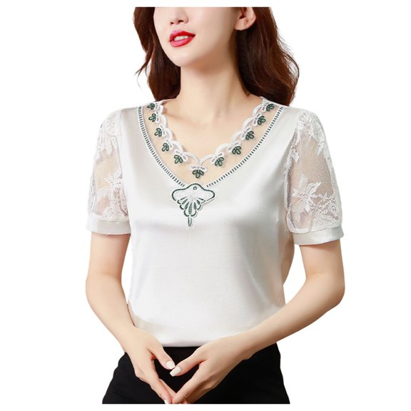 Women's V Neck Lace T-Shirt Summer Fashion Satin Feel Short Sleeve Net Yarn Top Stylish Undershirt for Layering