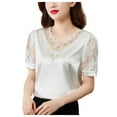 thumbnail image 1 of Women's V Neck Lace T-Shirt Summer Fashion Satin Feel Short Sleeve Net Yarn Top Stylish Undershirt for Layering, 1 of 4