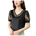 thumbnail image 1 of Women's V Neck Lace T-Shirt Summer Fashion Satin Feel Short Sleeve Net Yarn Top Stylish Undershirt for Layering, 1 of 4