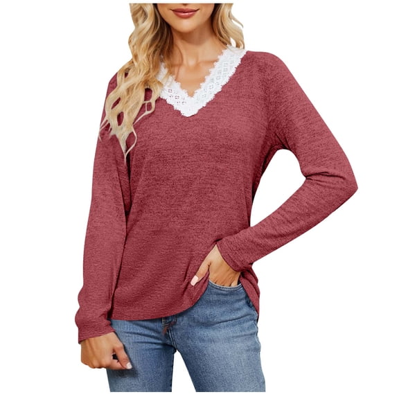 Women's V-Neck Lace Trim Fall Tunic Top, Long Sleeve Soft Comfy Work Going Out Fashion Blouses Basic Dressy Tees Red L