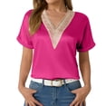 thumbnail image 1 of Women's V Neck Lace Trim Short Sleeve T Shirt Casual Vacation Top Blouse For Spring Summer With Elegant Lace Detail, 1 of 2