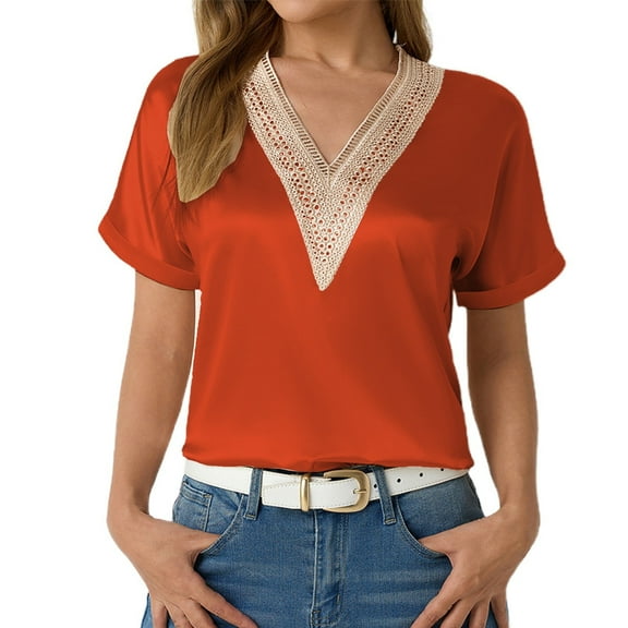 Women's V Neck Lace Trim Short Sleeve T Shirt Casual Vacation Top Blouse For Spring Summer With Elegant Lace Detail