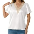 thumbnail image 1 of Women's V Neck Lace Trim Short Sleeve T Shirt Casual Vacation Top Blouse For Spring Summer With Elegant Lace Detail, 1 of 2