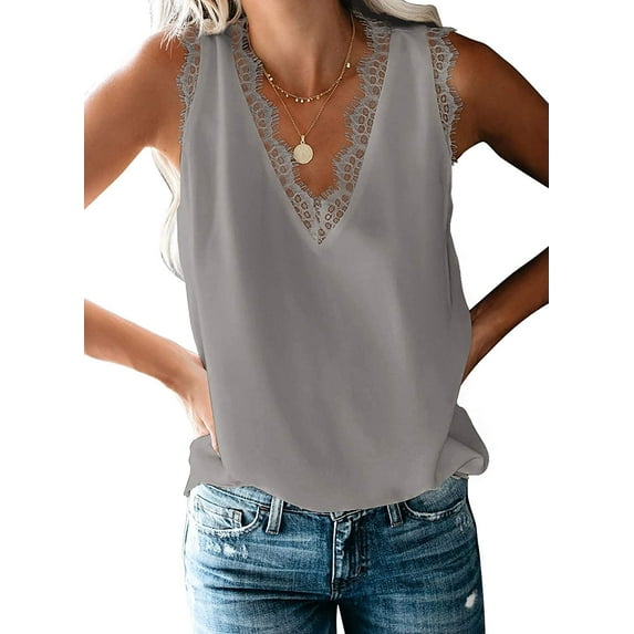 Women's V Neck Lace Trim Tank Tops Casual Loose Sleeveless Blouse Shirts