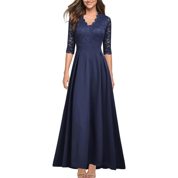 Women's V Neck Lace Vintage Formal Bridesmaid Wedding Long Dress