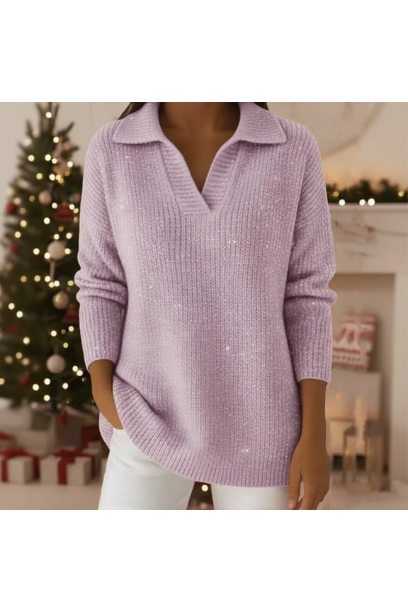 Women's V Neck Lapel Sweater, Long Sleeve Knit Sparkle Top, Glitter Pullover, Sequin Embellished Sweater, Casual Party Sweater, Loose Fit Knit Top, Shimmer Party Top Pink L