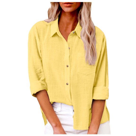 Women's V-Neck Lapel Tie Pocket Long Sleeve Linen Shirt – Casual Loose Solid Color Button Down Top for Spring Summer