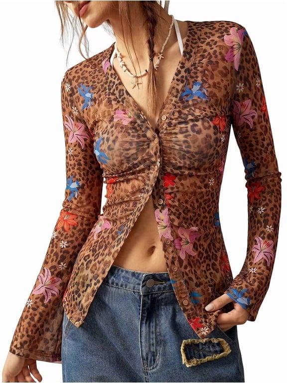 Women's V-Neck Leopard Floral Print Mesh Ruched Button-Front Flare Long Sleeve Blouse Top Brown M