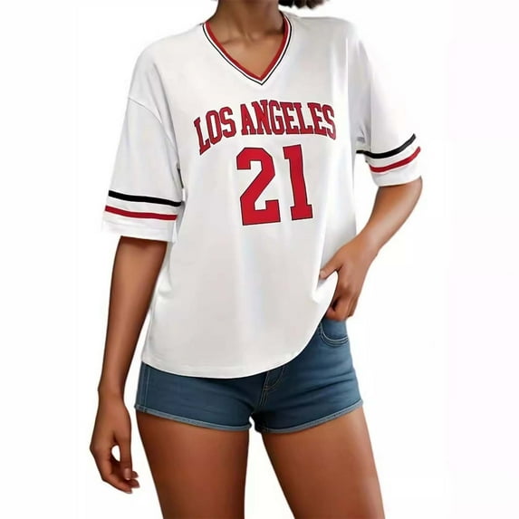 Women's V Neck Letter Print T Shirt Loose Fit Comfortable Short Sleeve Athletic Top Casual Breathable Soft Stretchy Tee