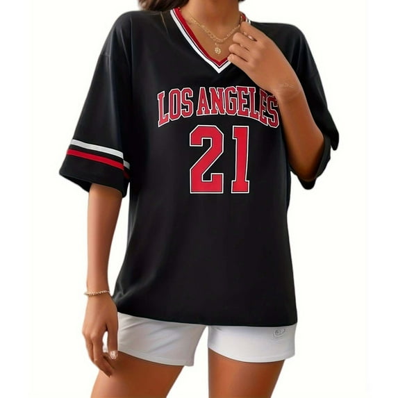 Women's V Neck Letter Print T Shirt Loose Fit Comfortable Short Sleeve Athletic Top Casual Breathable Soft Stretchy Tee