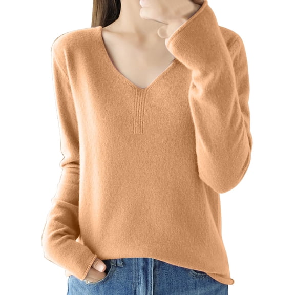 Women's V-Neck Lightweight Knit Sweater, Thin Warm Long Sleeve Pullover Top with Soft Breathable Fabric for All Season Layering, Casual Daily Wear and Comfortable Outfits Khaki L
