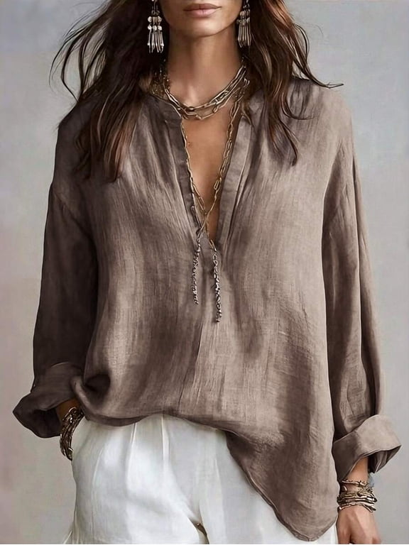 Women's V Neck Linen Blouse, Tie Neck Drop Shoulder Long Sleeve Loose Top, Boho Shirt for Beach Vacation