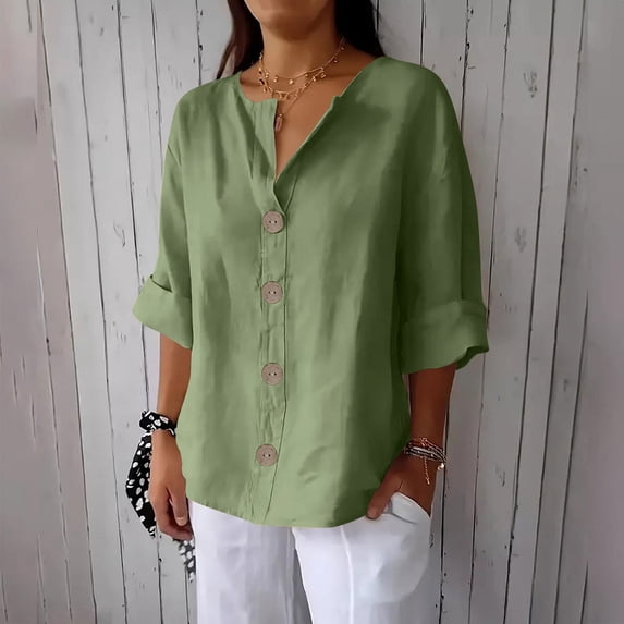 Women's V-Neck Linen-Look Button-Up Blouse with 3/4 Sleeves - Loose Fit Casual Shirt for Everyday Wear