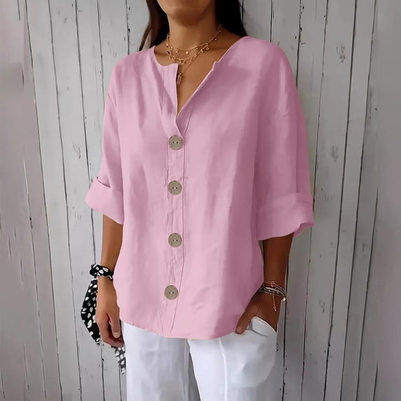 Women's V-Neck Linen-Look Button-Up Blouse with 3/4 Sleeves - Loose Fit Casual Shirt for Everyday Wear