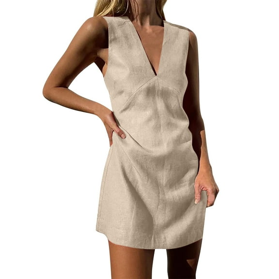 Women's V Neck Linen Sleeveless Dress Solid Color, Slim Fit, for Summer, Multiple Sizes, Suitable for Various Occasions