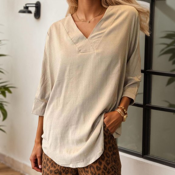 Women's V Neck Linen T Shirt Casual Short Sleeve Blouse For Spring Summer Fall Everyday Wear Comfortable Breathable Top Weightlifting Long Sleeve Shirts Long Sleeve Shirt Plain Women Ladies Tees And