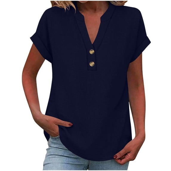 Women's V-Neck Linen T-Shirt with Button Loose Fits Short Sleeve Casual Tops Summer Lightweight Daily Tee,Navy,L