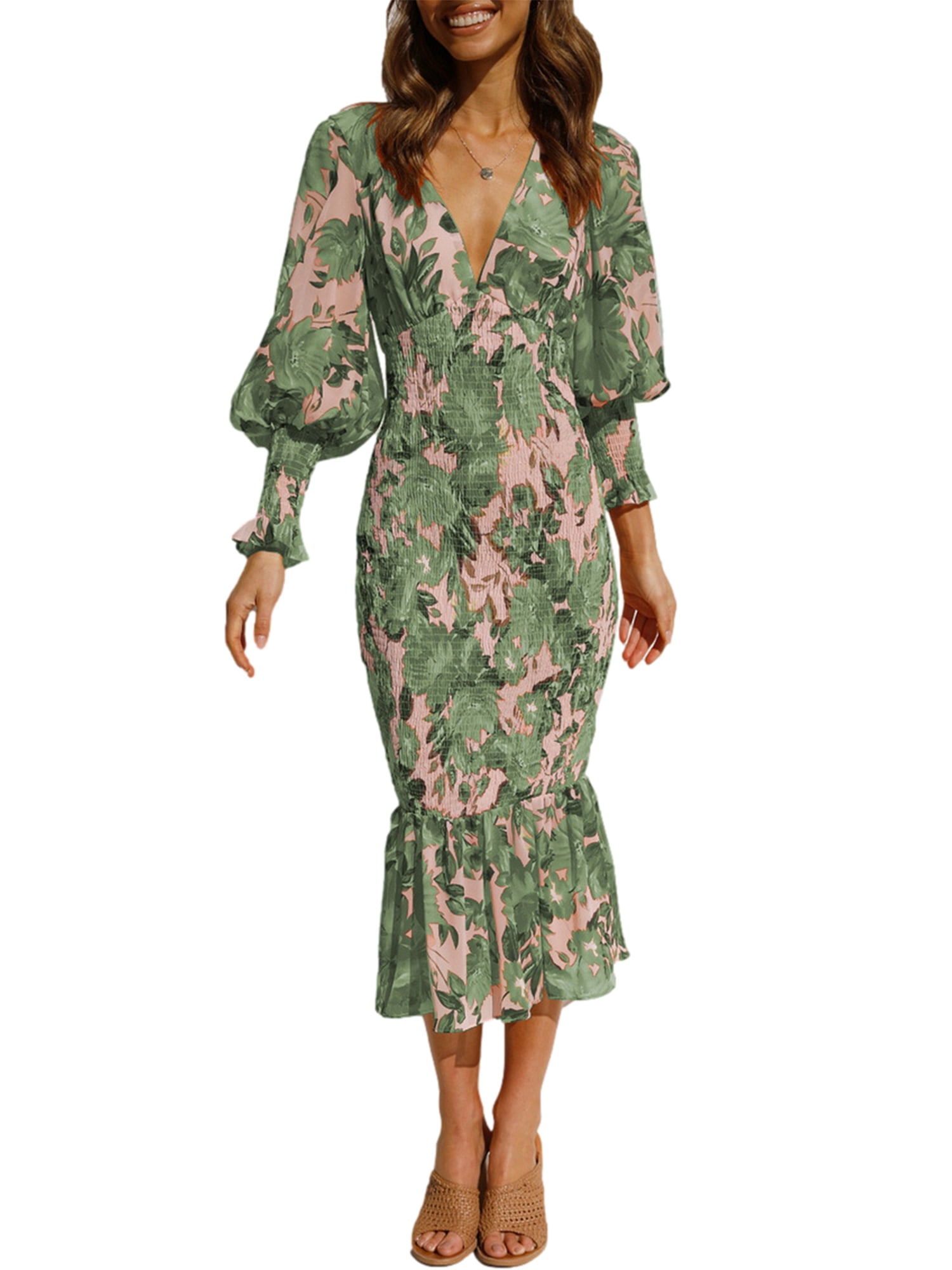 Sage green printed hot sale long sleeve wrap dress