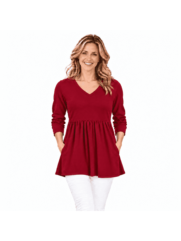 Women's V-Neck Long Sleeve Babydoll Tunic Top with Pockets, Casual Loose Fit