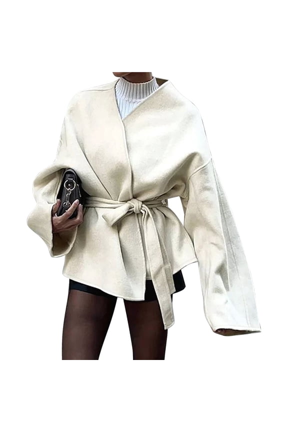 Women's V-Neck Long Sleeve Belted Wrap Style Pea Coat Winter Warm Jacket Cream White S