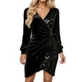 thumbnail image 1 of Women's V Neck Long Sleeve Black Glitter Dress Formal Dresses Glitter Dress for Women, 1 of 4