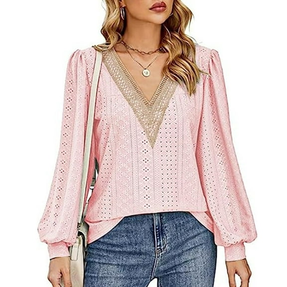 Women's V-Neck Long Sleeve Blouse Printed with Lace Patchwork Loose Fit Casual Fall Top