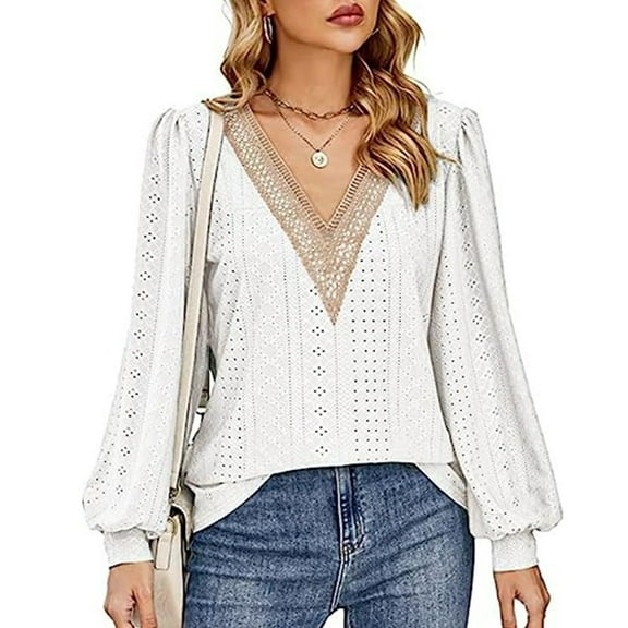 Women's V-Neck Long Sleeve Blouse Printed with Lace Patchwork Loose Fit Casual Fall Top