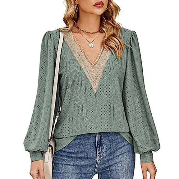 Women's V-Neck Long Sleeve Blouse Printed with Lace Patchwork Loose Fit Casual Fall Top