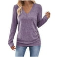 thumbnail image 1 of Women's V Neck Long Sleeve Blouse Shirts Tops Solid Color Loose Fit Casual Work Office Daily Wear Fashion Essential Gift for Women | Sopatenor,Purple XL, 1 of 8