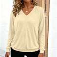 thumbnail image 1 of Women's V Neck Long Sleeve Blouse | Soft Stretch Draped Casual Tunic Tops, Lightweight Office Work Shirt for Spring Fall | CSEONE,Khaki M, 1 of 9