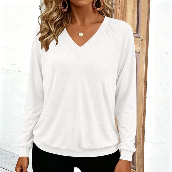 Women's V Neck Long Sleeve Blouse | Soft Stretch Draped Casual Tunic Tops, Lightweight Office Work Shirt for Spring Fall | CSEONE,White L